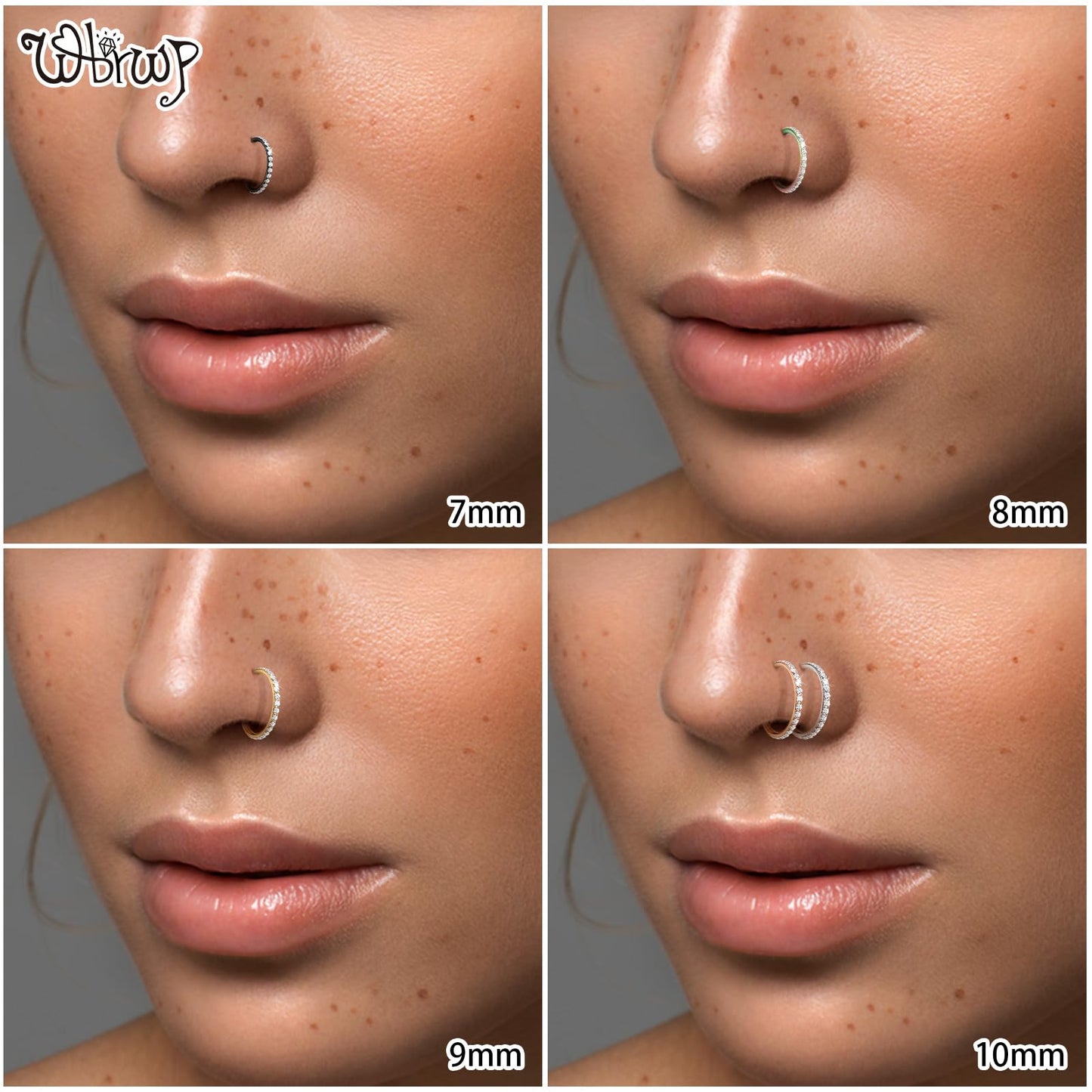 WBRWP 316L Surgical-Steel Hinged Nose Rings Hoop with Zircon 18G(1.0mm) Women and Men Body Pierecing Ring Septum Clicker Helix H