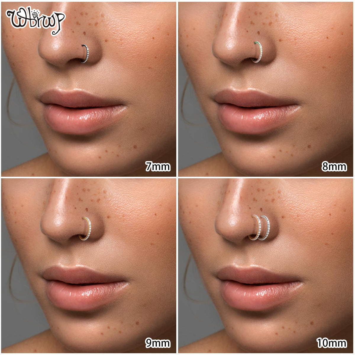 WBRWP 316L Stainless-Steel Hinged Nose-Rings-Hoop : 18G(1.0mm) Womens and Mens Pierecing Ring with Zircon Segment Ring Lip Rings