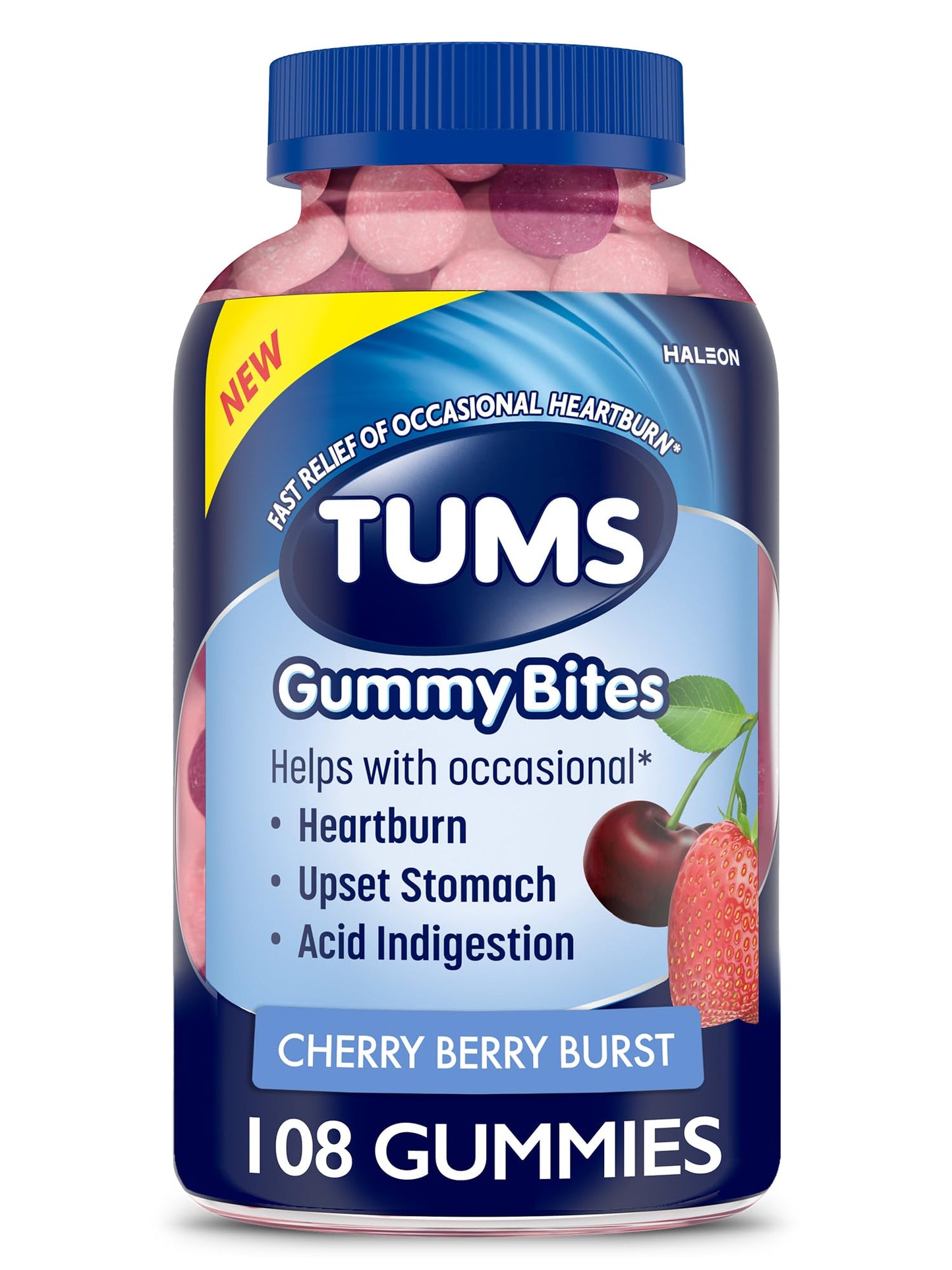 TUMS Gummy Bites Dietary Supplement for Occasional Heartburn Relief, Upset Stomach and Acid Indigestion, Cherry Berry Burst - 108 Count