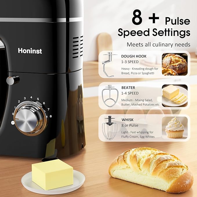 Stand Mixer, 7-IN-1 6.5QT 660W Multifunctional Electric Kitchen Mixers with Blender, Meat Grinder, Dough Hook, Whisk and Beater, 8-Speed Food Mixer for Baking, Cooking, Food Processing, Black