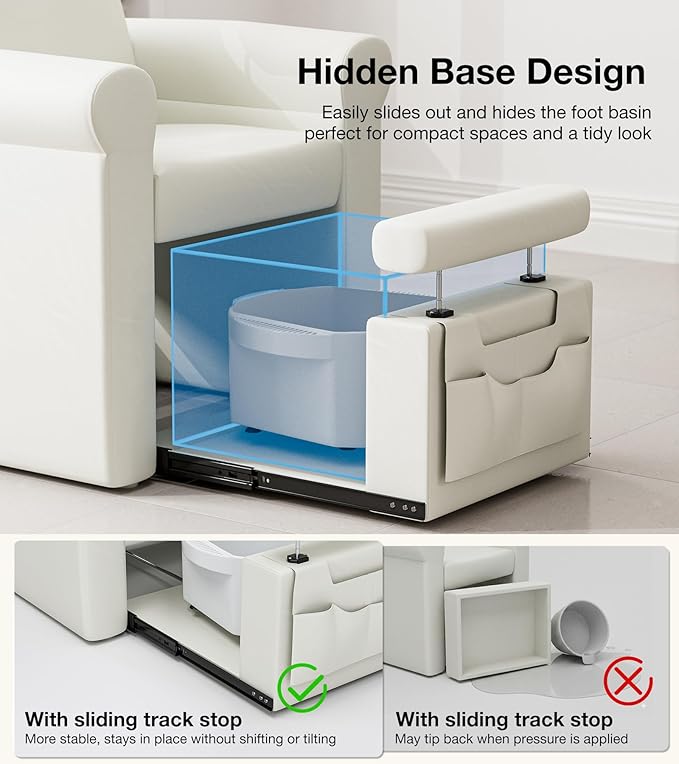 Icoget Professional Pedicure Chair No Plumbing, Reclining Pedicure Station Pipeless with Retractable Base and Adjustable Legrest Used in Salons, Home, Waterproof Foot Spa Chairs, White