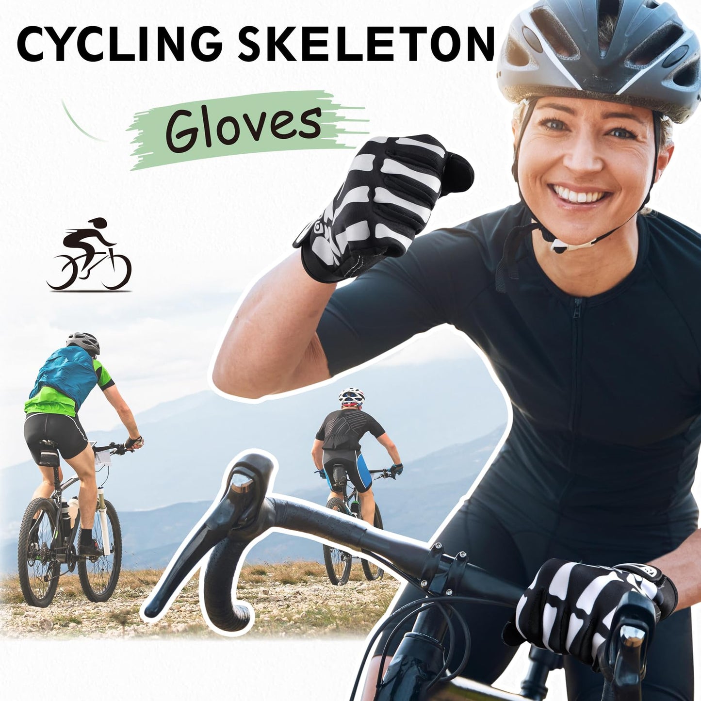 TRIWONDER Skeleton Gloves Cycling Gloves Skull Gloves for Men Women Kids for Bike Bicycle Motorcycles Sports Workout Riding Halloween Breathable Shock-Absorbing (Green - Full Finger, L)
