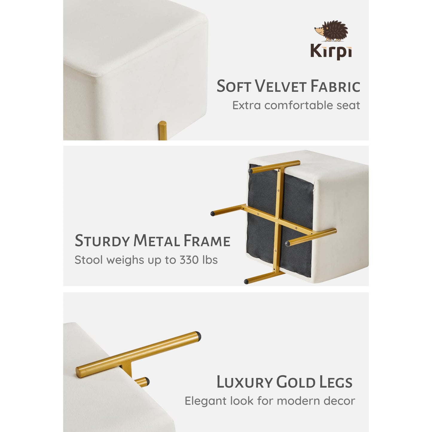 Kirpi Velvet Ottoman Set of 2, Cream Modern Gold Vanity Stool Square, Contemporary Foot Stool Ottoman, Upholstered Cube Foot Rest with Gold Metal Legs