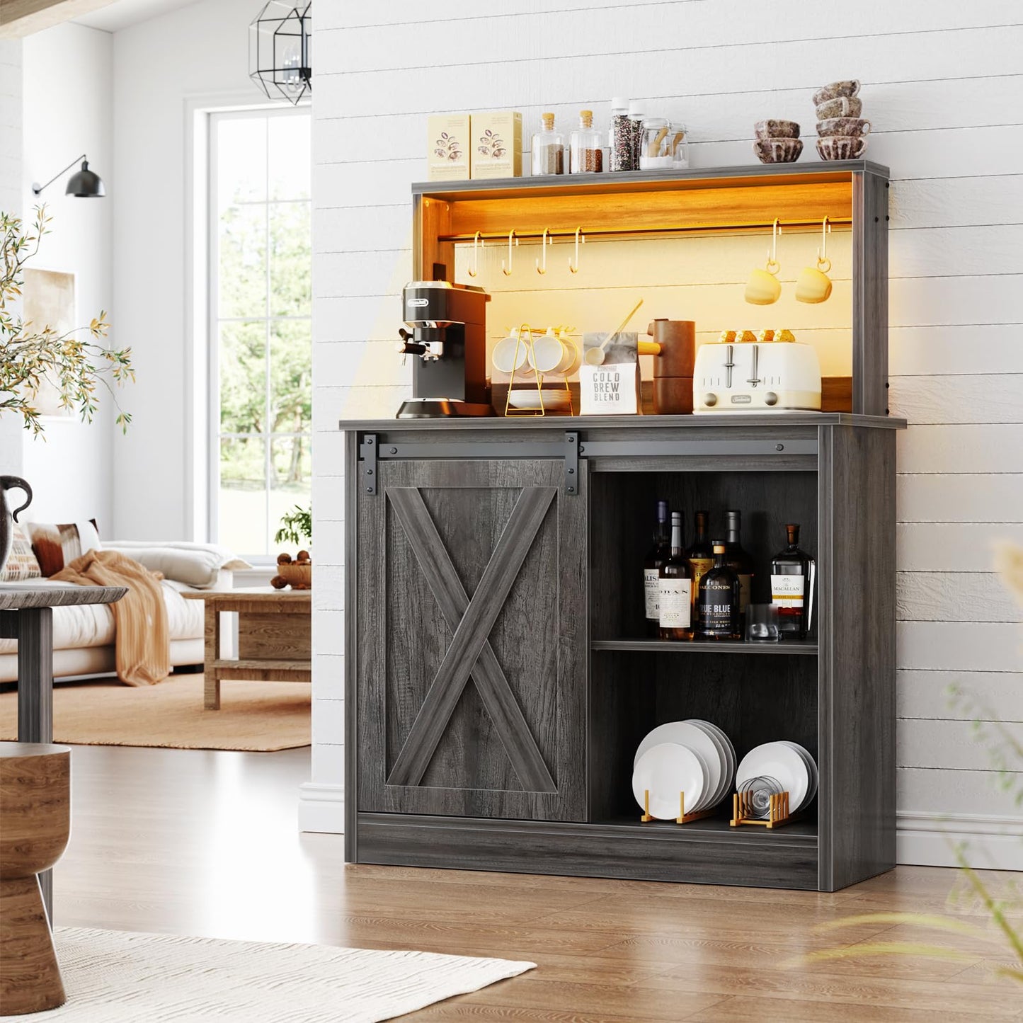 Homieasy Farmhouse Coffee Bar Cabinet with Charging Station & Led Lights, Charming Buffet Cabinet with Hutch, Customizable Storage with Barn Door Style, Perfect for Kitchen, Living Room, Black Oak