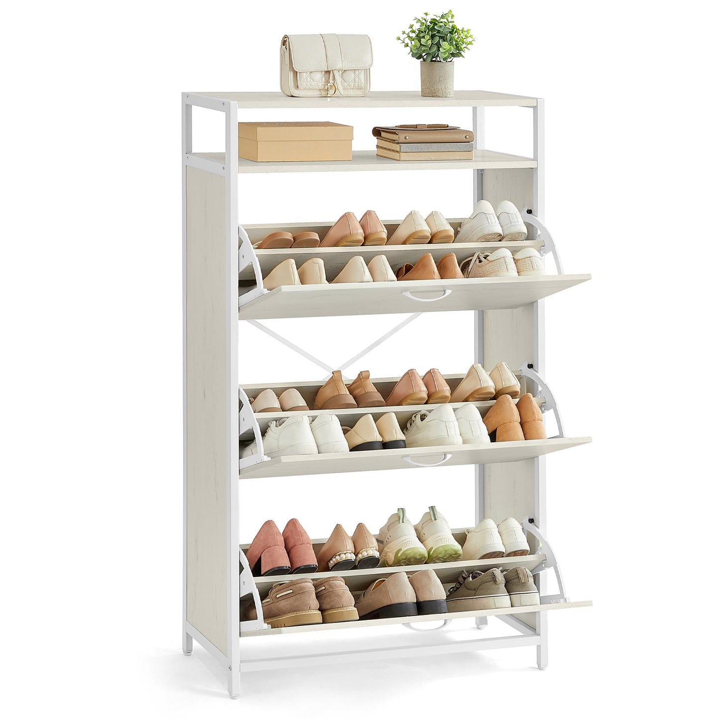 VASAGLE Shoe Cabinet with 3 Flip Drawers, Shoe Storage Cabinet, Asjustable and Removable Dividers, Holds 15-24 Pairs of Shoes, 11.8 x 31.5 x 51.2 Inches, Rustic White and Matte White ULBS802W01