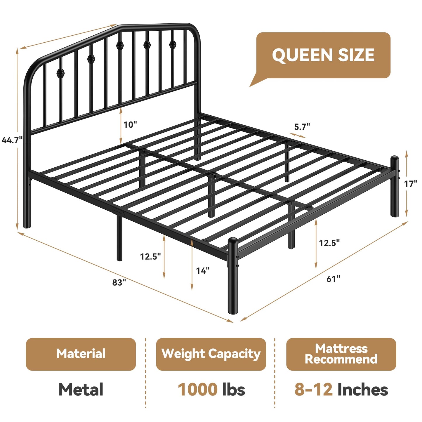 BedsPick 14 Inch Queen Bed Frame, Sturdy Rustic Metal Bed Frame Queen Size, Queen Bed Frame with Headboard and 12.5" Under Bed Space, Curved Corner/No Noise/Easy Assembly/No Box Spring Needed, Black