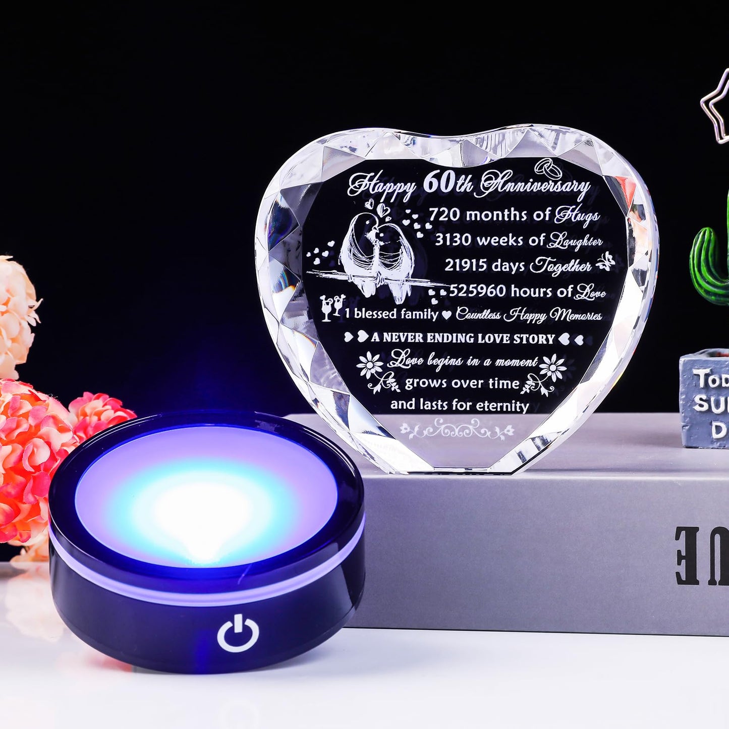 YWHL 60th Wedding Anniversary Crystal Heart Gifts for Parents Couple, Laser Engraved Romantic 60 Year Anniversary Crystal Keepsake Gifts for Wife Husband, 60 Years of Marriage Gifts for Her Him