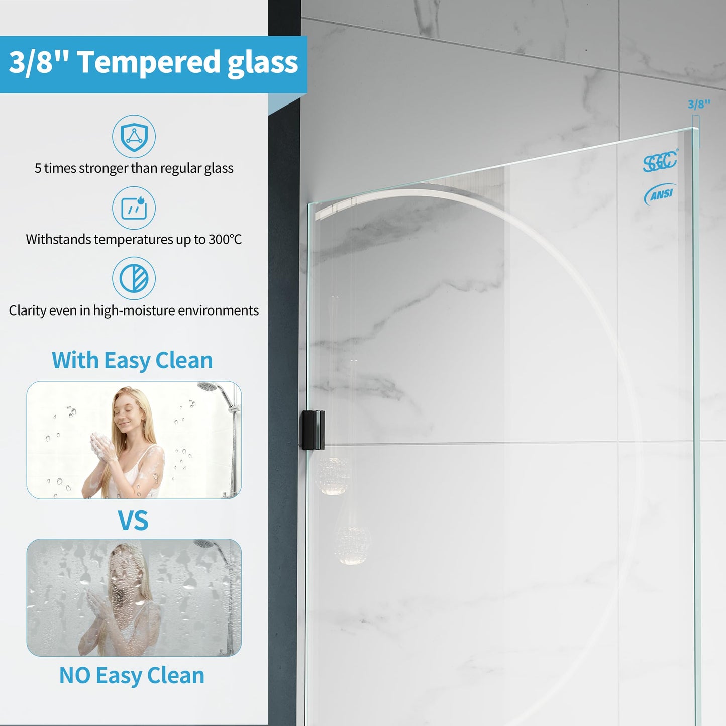 Shower Glass Panel, 32" W x 78.75" Fixed Shower Screen Panel with 3/8"(10mm) SGCC Clear Tempered Glass, Frameless Walk in Shower Door for Bathroom (Matte Black, 32" W x 78.75" H)