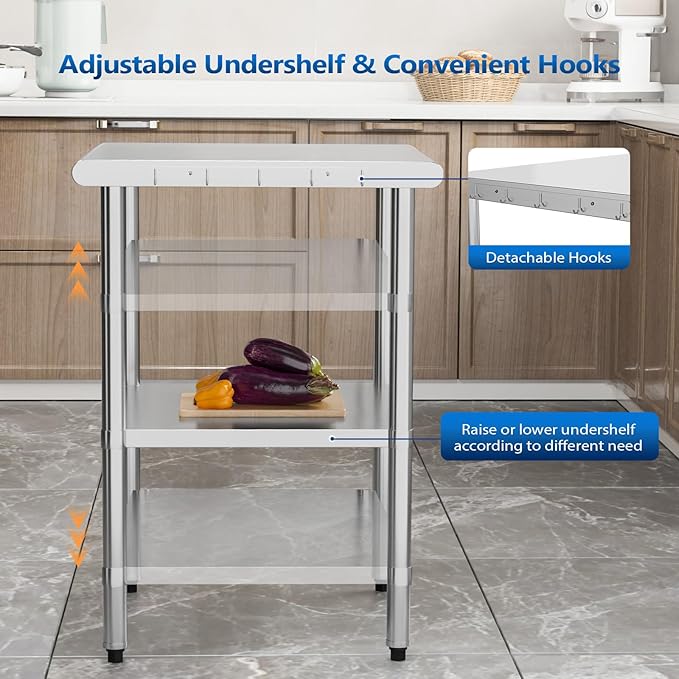 ROVSUN 24'' x 24'' Stainless Steel Table for Prep & Work,Commercial Worktables & Workstations, NSF Heavy Duty Metal Table with Adjustable UnderShelf for Kitchen Restaurant, Home, Hotel, Outdoor