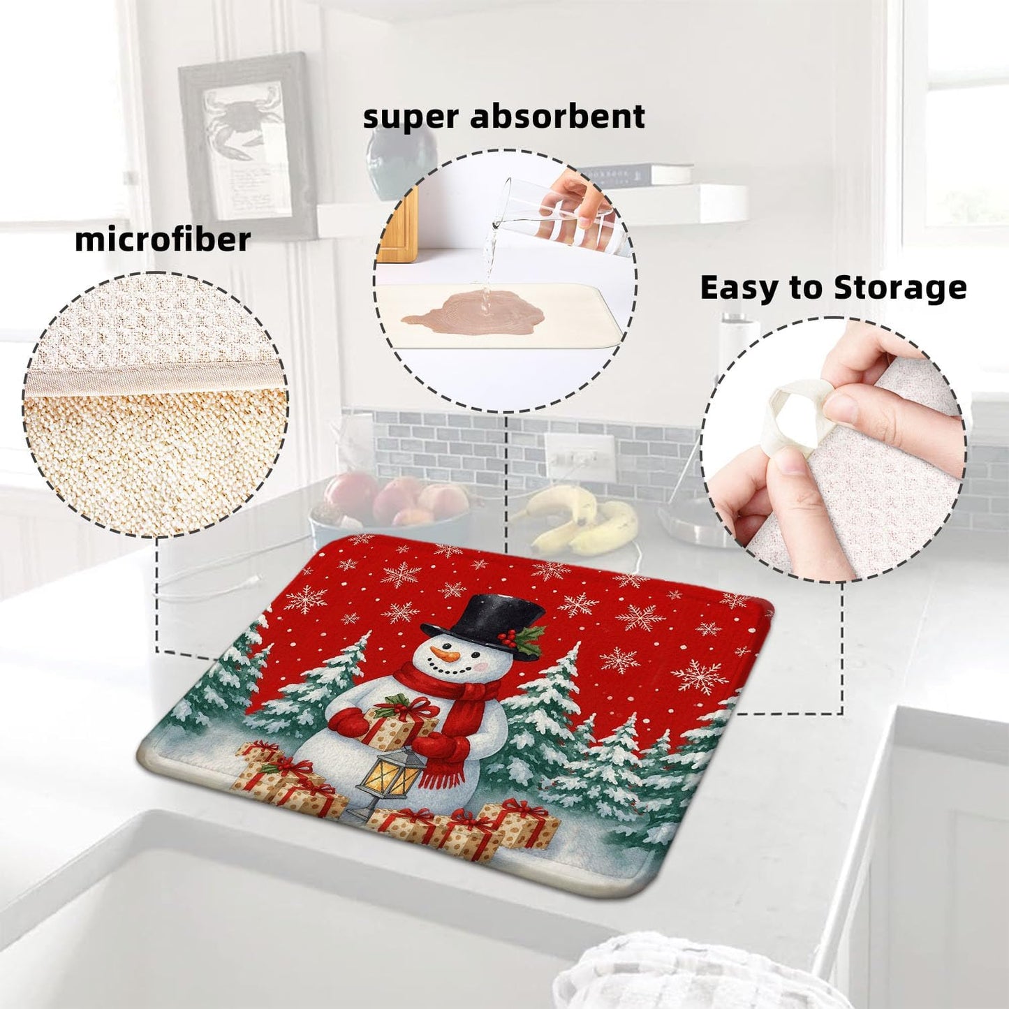 Red Christmas Drying Mat for Kitchen Counter 18" X 24" Christmas Dish Drying Mat for Kitchen Decor Snowman Xmas Drying Mats For Home Counter Drying Mats For Dishes Dish Mat Drying Mat