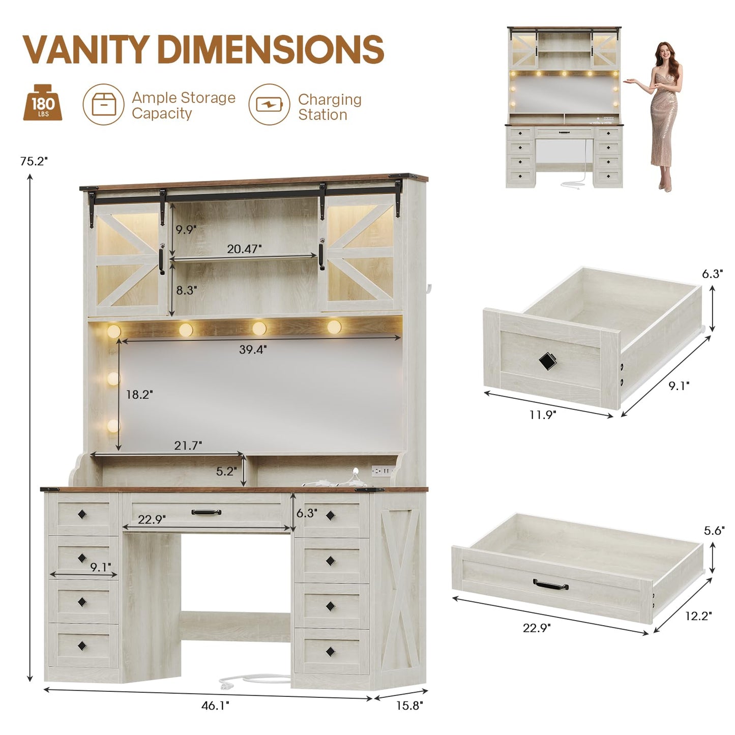 busyaeh Farmhouse Vanity Desk with Mirror and Lights,75.2" Makeup Vanity with 9 Drawers & 2 Sliding RGB Door and Charging Station,Vanity with 3 Color Light Modes,Big Vanity for Bedroom,Antique White