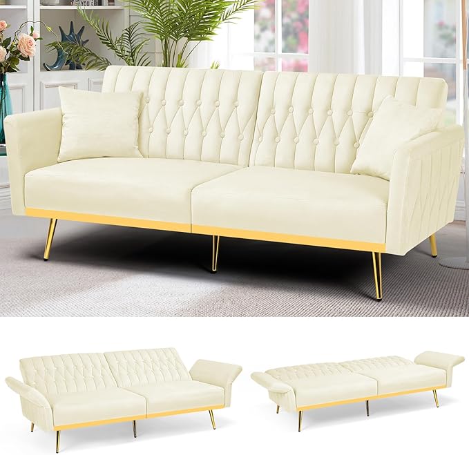 ACMEASE 70” Velvet Futon Sofa Bed with 2 Pillows and Adjustable Armrests, Convertible Sleeper Bed W/Adjustable Backrests, Modern Loveseat for Living Room, Bedroom, Beige