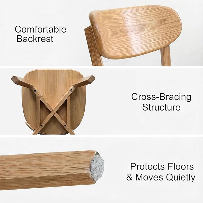 Bamskov 100% Solid Oak Wood Dining Room Chairs - Practical Kitchen Chairs - Wood Chair for Dining Room, Kitchen (4, Natural with Grey Cushion)