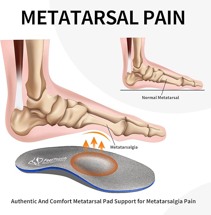FeetTouch Strong Arch Support Orthotics for Metatarsalgia Morton's Neuroma,Ball of Foot Pain Relief Inserts Plantar Fasciitis Flat Feet with Poron Heel Cushion Grey