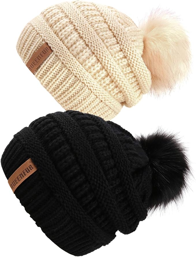 QUEENFUR Women Knit Slouchy Beanie Chunky Baggy Hat with Faux Fur Pompom Winter Soft Warm Ski Cap