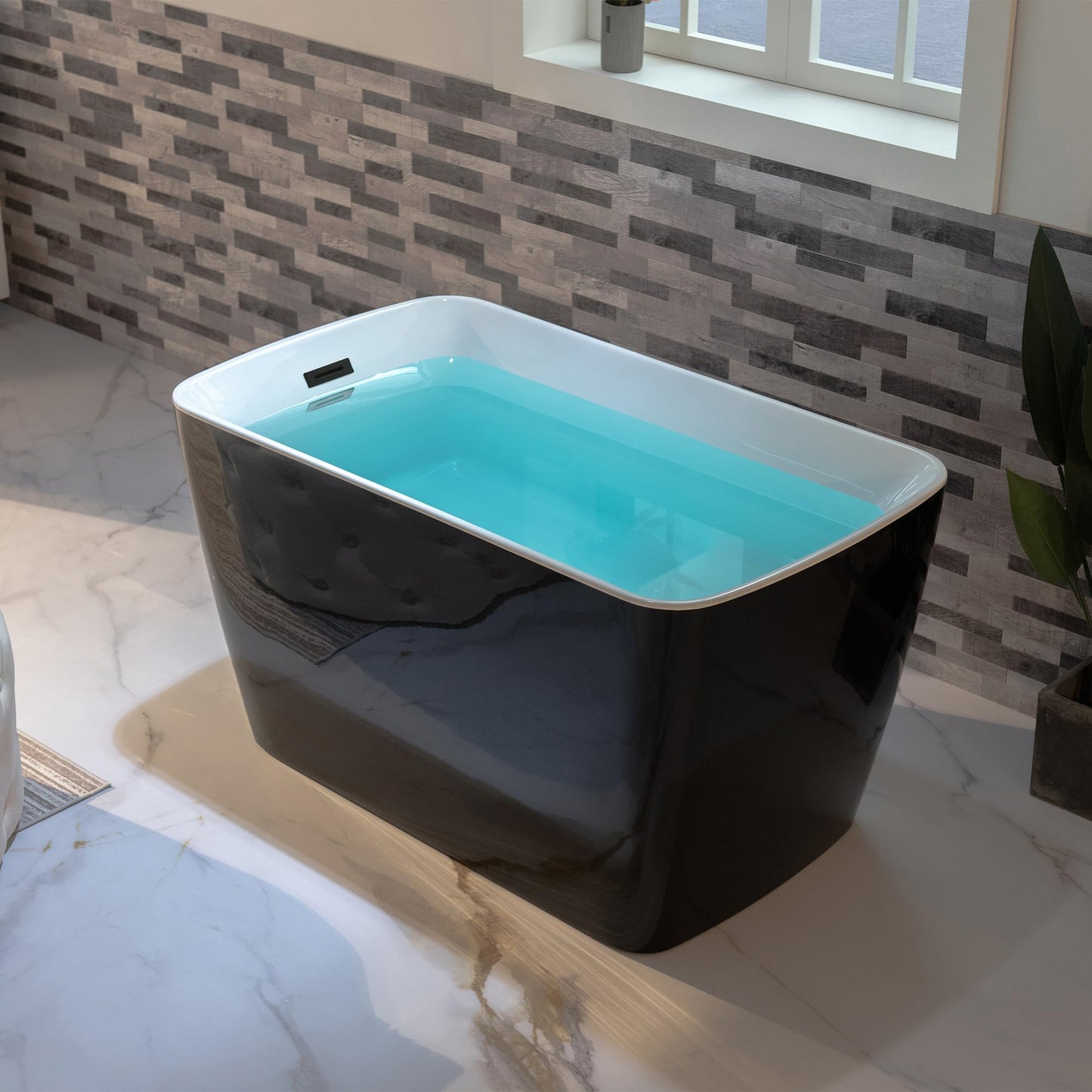 WOODBRIDGE 48" Acrylic Freestanding Square Shape Janpanese Soaking Tub with Pre-molded Seat and Matte Black Pop-UP Drain and Overflow Option, Black, B1870-MB