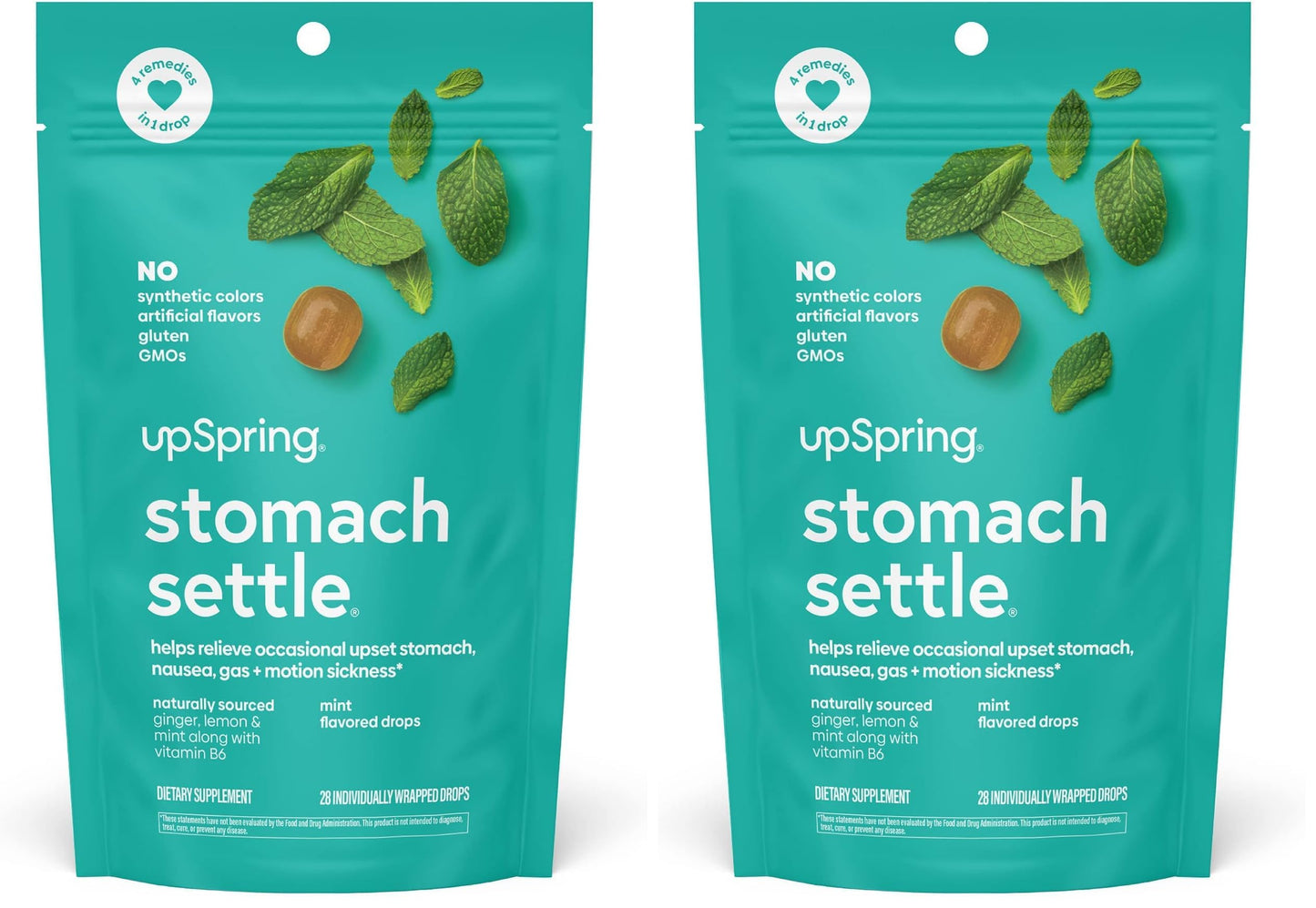 UpSpring Stomach Settle Drops for Occasional Nausea Relief/Upset Stomach with Ginger, Lemon, Spearmint, and B6. Mint Flavor Drops, 28 Ct(Packaging May Vary) (Pack of 2)