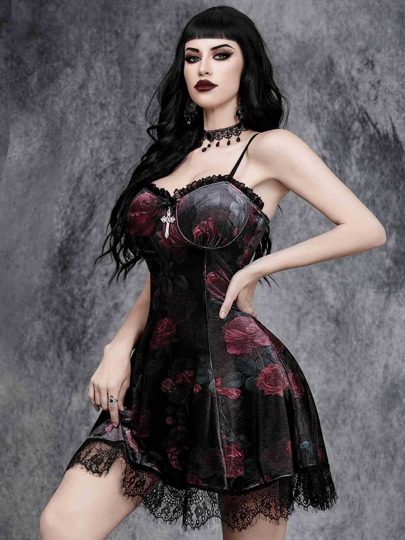GothDark Vintage Goth Velvet Dress with V Neck Lace Trim Summer Sexy Party Mini Black Dress