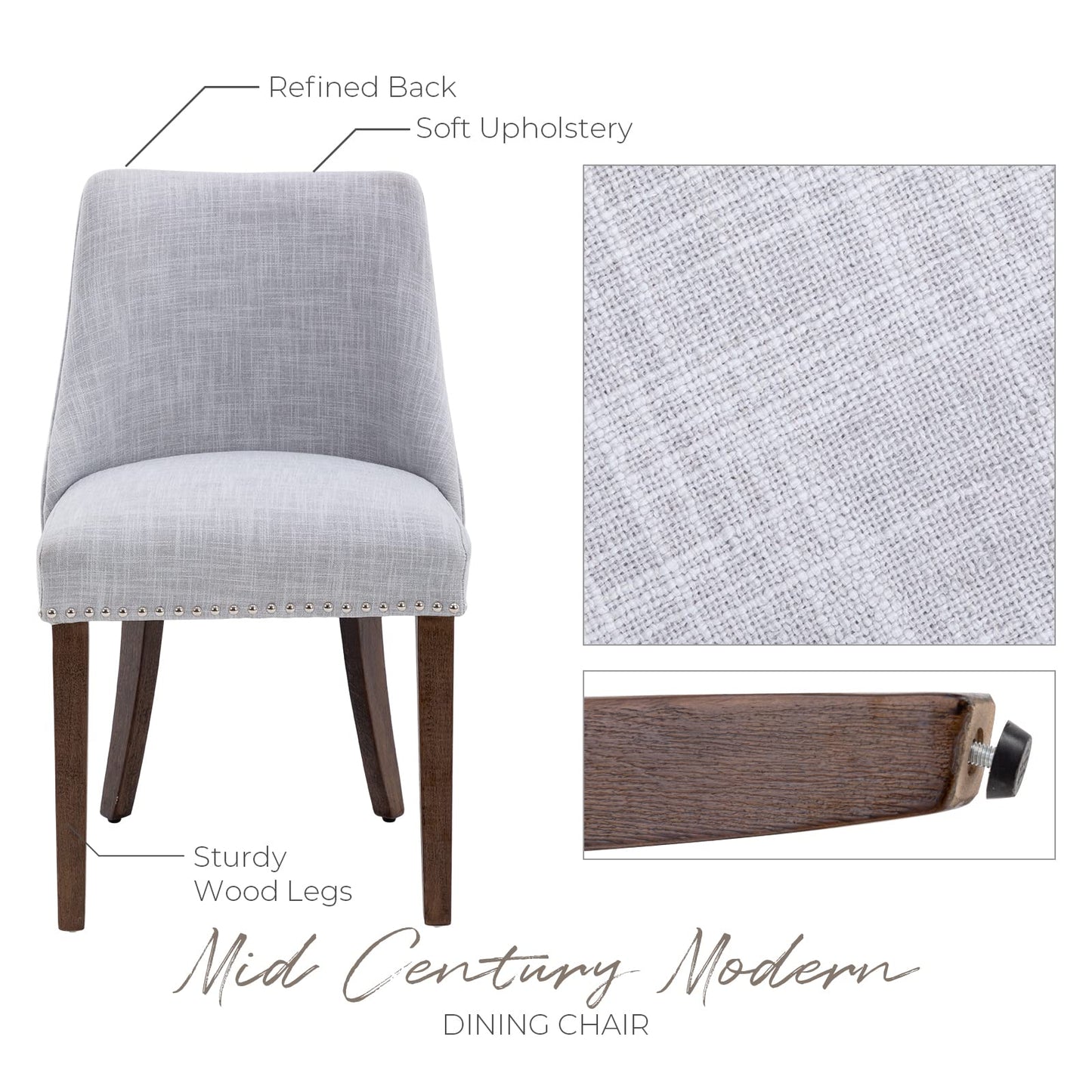LZAREAL Linen Dining Chairs Set of 2 Upholstered Accent Chair with Nailhead Trim & Solid Wood Legs, Mid Century Modern Side Chair for Kitchen/Dining/Living/Bedroom, Linen Grey