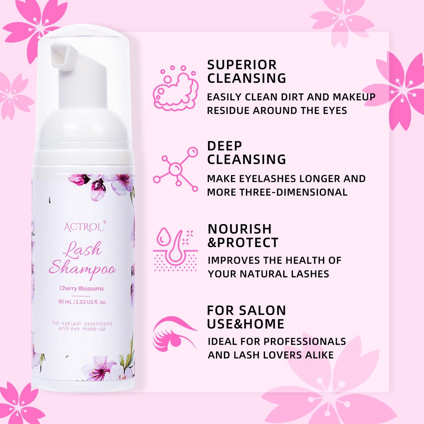 ACTROL Eyelash Extension Cleanser 60ML Natural Lash Extension Shampoo Cherry Blossom Professional Eyelid Foaming Cleanser Parabe