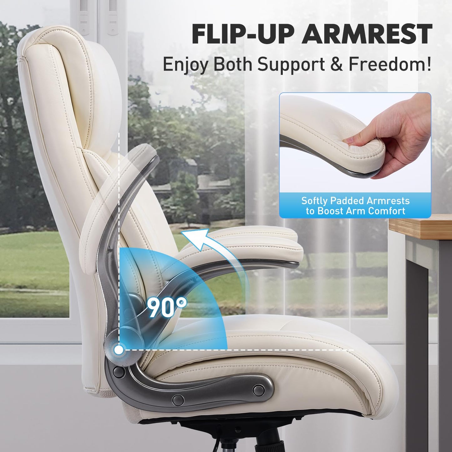 MALOL Ergonomic High-Back PU Leather Executive Office Chairs, Heavy Duty Home Computer Chair with Lumbar Support and Flip-Up Arms, 300lbs, Beige