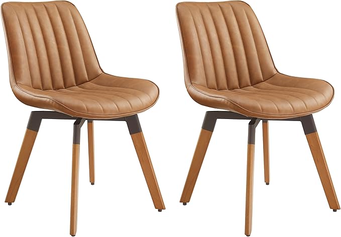 Art Leon Swivel Dining Chairs Set of 2, Mid Century Modern Kitchen Dining Room Chairs, Upholstered Faux Leather Armless Side Chair with Wood Legs for Living Room Bedroom, Yellow Brown