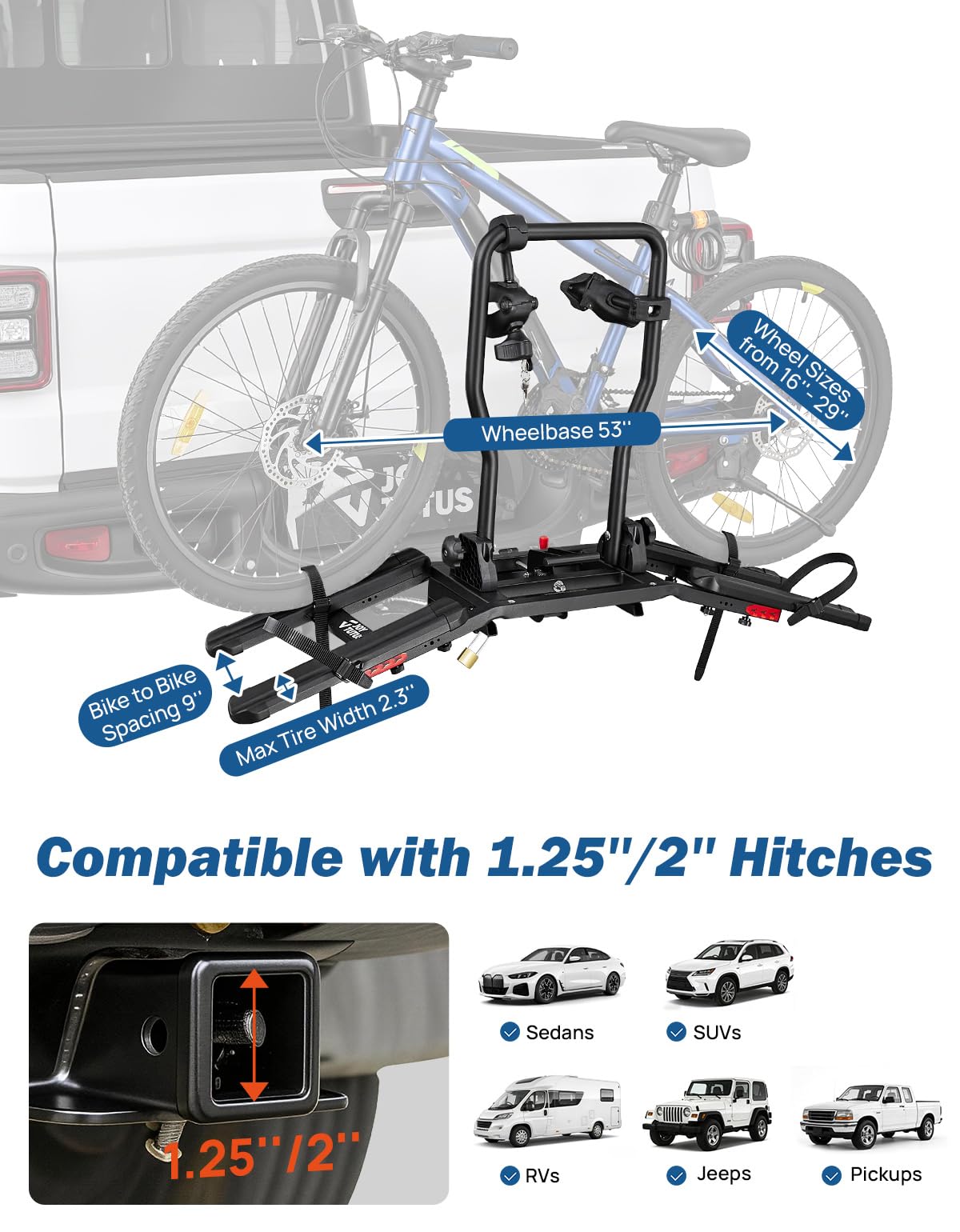 JOYTUTUS Compact & Lightweight 2-Bike Hitch Bike Rack, 100 LBS Capacity for Car SUV Truck with 1¼/2” Receiver, Easy Install Tilting Folding Anti-Wobble Bike Carrier, Fits Most Wheelbases(Max 53'')