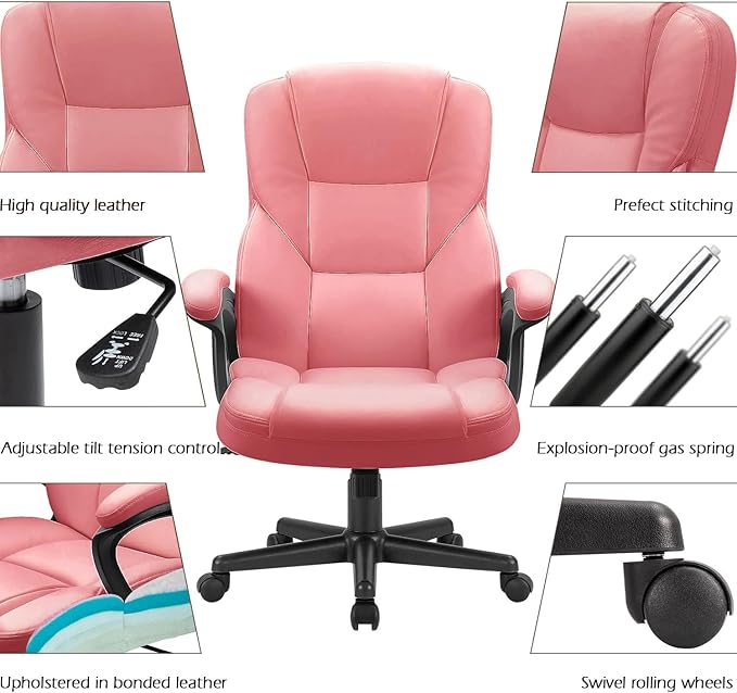 Furmax Office Executive Chair High Back Adjustable Managerial Home Desk Chair,Swivel Computer PU Leather Chair with Lumbar Support (Pink)
