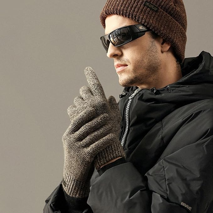 Winter Wool Gloves for Men Warm Knitted Touchscreen Cold Weather Gloves for Running Driving