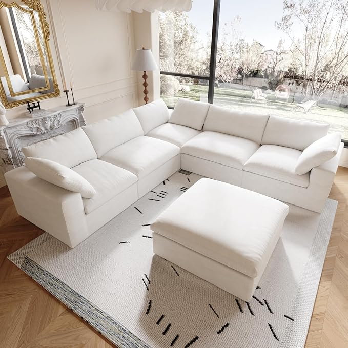 160.6" Cloud Modular Sectional Sofa with Storage Ottomans, V Shaped Minimalist Sofa Couch, Convertible Couch Deep Seat for Living Room Sets,Covers Washable&Replaceable,White