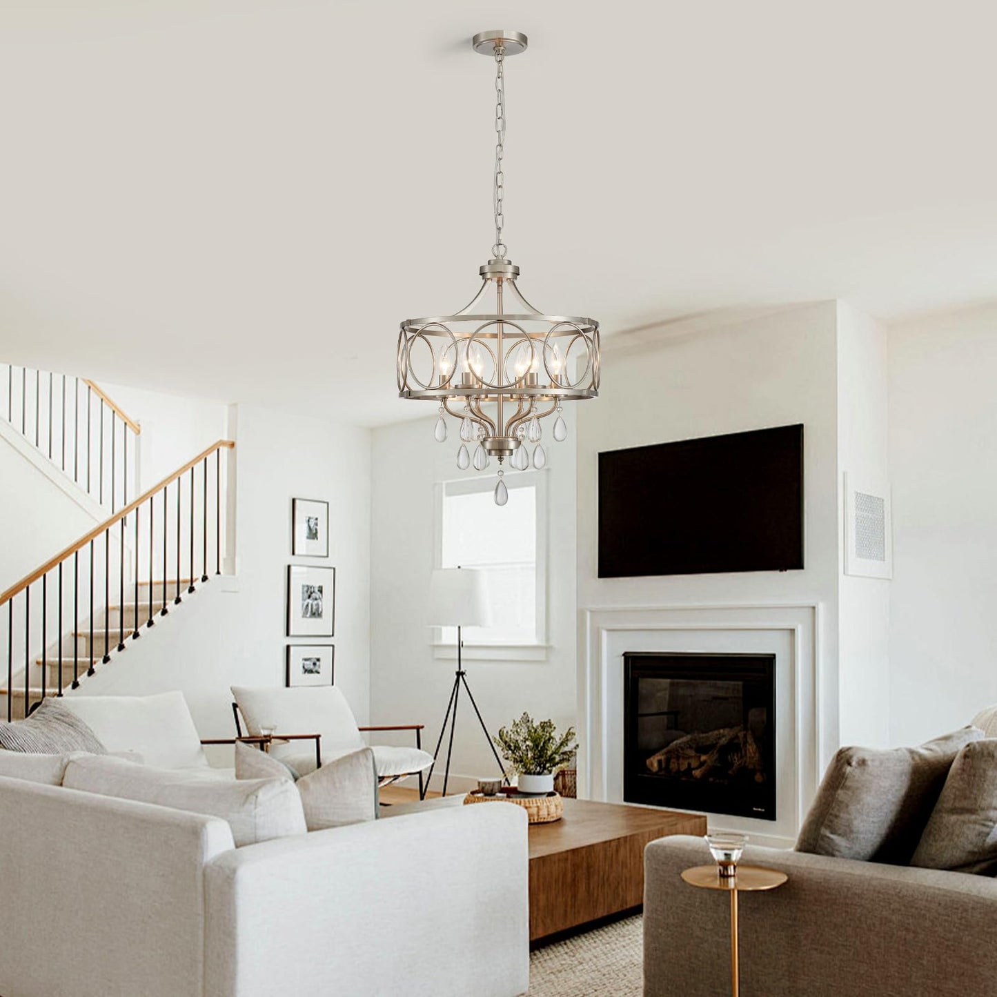 Majhoiw Crystal Chandeliers for Dining Room,17.7" Brushed Nickel 6 Lights Hanging Pendant Lighting Fixture Metal Farmhouse Chandelier for Kitchen Island Entryway Living Room