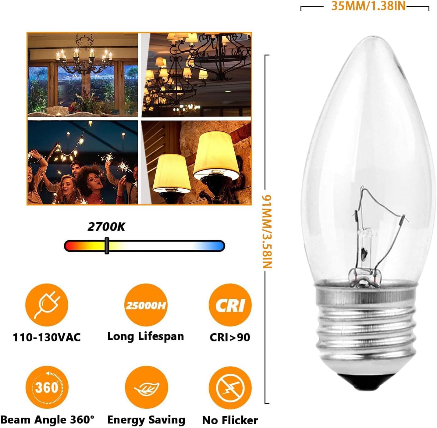 60W Incandescent Torpedo Tip Chandelier - 60W Equivalent Medium E26 Candelabra, TipIncandescent Clear Dimmable Light Bulbs and Medium E26 Base-ge Light Bulbs 60 watt(6PACK)