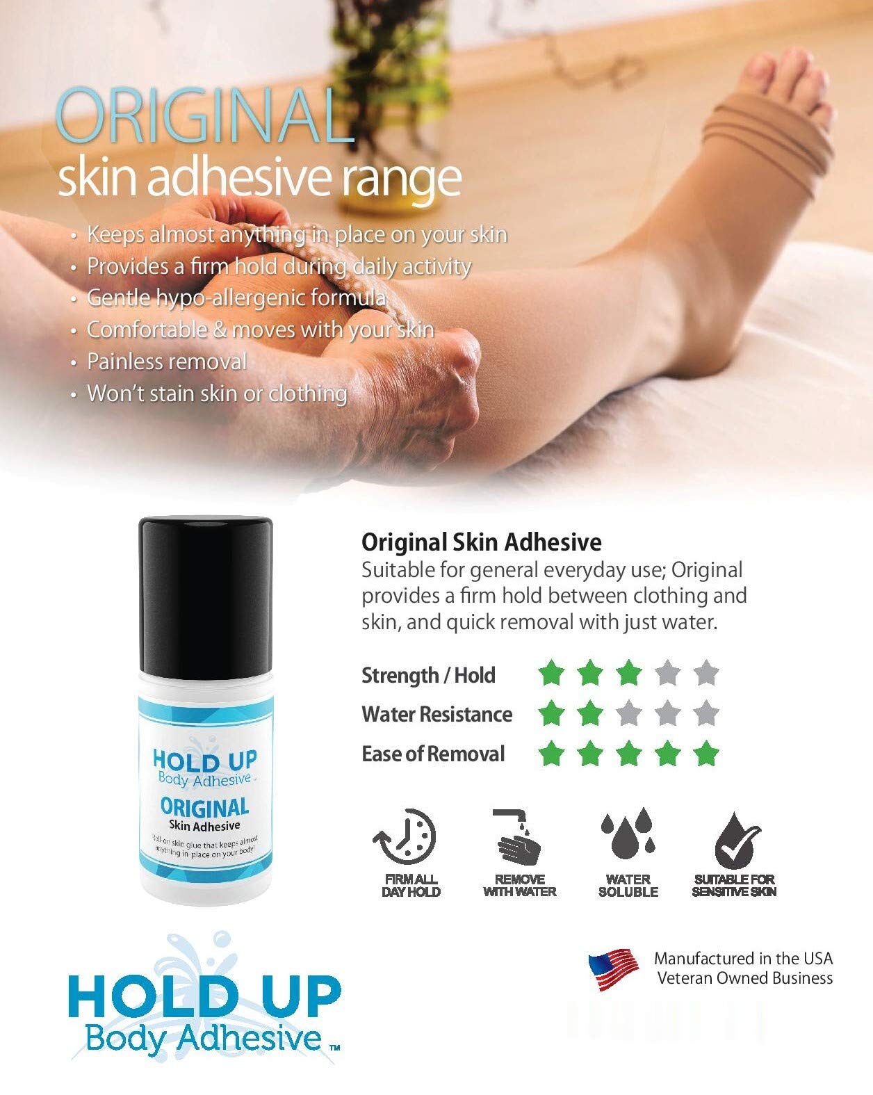 Hold Up Body Adhesive Original Roll-On – Body Glue for Dancers, Skin Adhesive for Compression Stockings, Sock Glue for Costumes, Lingerie, Cosplay, Fashion & Support Wear – 2 oz – Made in The USA