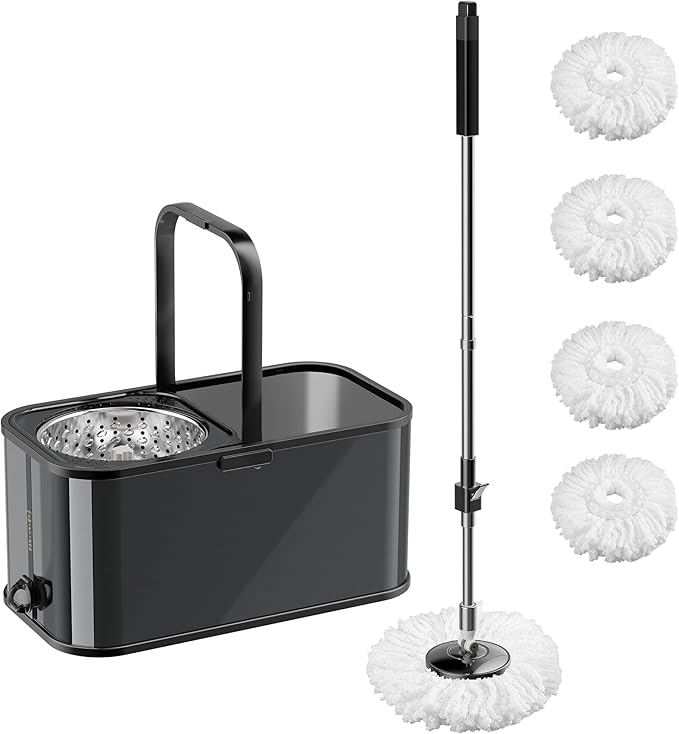 Stainless Steel Spin Mop and Bucket with Wringer Set for Home,360° Mop and Bucket with Separate Clean and Dirty Water,Wet Dust Mop for Floor Cleaning with Extra Refills (Black)