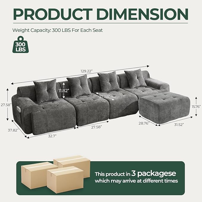 YAAREE 129.23”Modular Sectional Couch for Living Room, Modren L-Shape Cloud Sectional 4-Seater Sofa with Movable Ottoman, Woven Texture Upholstery Boneless Couch, No Assembly, Grey