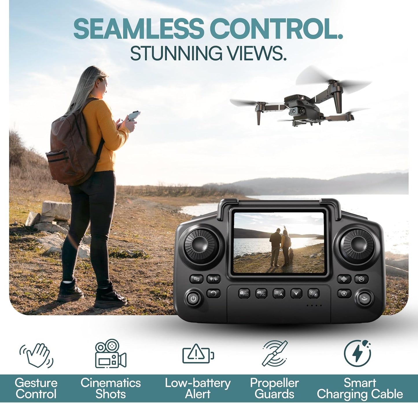 Falcon X 4K Drone - 4K UHD Camera Drone, Built-in Screen Remote Controller, WiFi FPV Foldable Quadcopter for Beginners & Adults, Includes 3 Batteries, SD Card & Reader