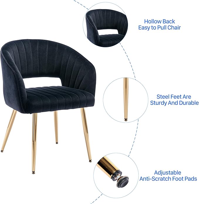 KCC Modern Velvet Desk Chair Accent Armchair Upholstered Tufted Chairs Dining Chairs, Tufted Vanity Chairs Side Chairs with Gold Metal Legs for Dining Room Living Room Restaurant, 1 PC & Black