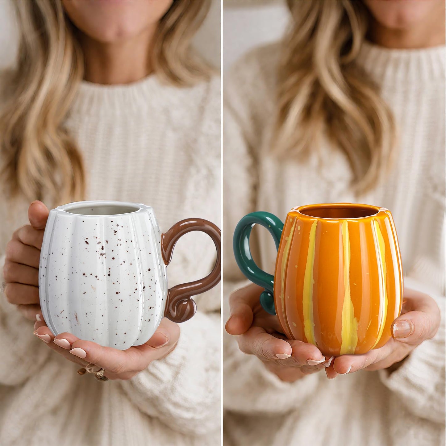 RimCereal 2 Pcs Fall Pumpkin Cup Ceramic Coffee Mugs 16 oz Thanksgiving Funny Tea Mug Autumn Halloween Birthday Gifts Decoration Food Theme for Family or Friend (White)