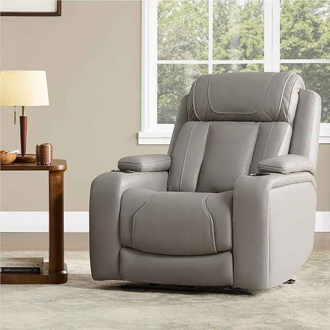 Watson & Whitely Super Zero Gravity Recliner Chair, Oversized Genuine Leather Electric Recliner W Power Adjustable Headrest & Lumbar Support Hidden Storage for Living Room, Light Grey