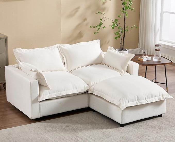 chairus 68" Love Seat Sofa with Ottoman Upholstered Linen Deep Seat Couch with Pillow Modular Oversized Couch Sleeper for Living Room, Bedroom, Reception Room, Apartment, 2-Seater/White