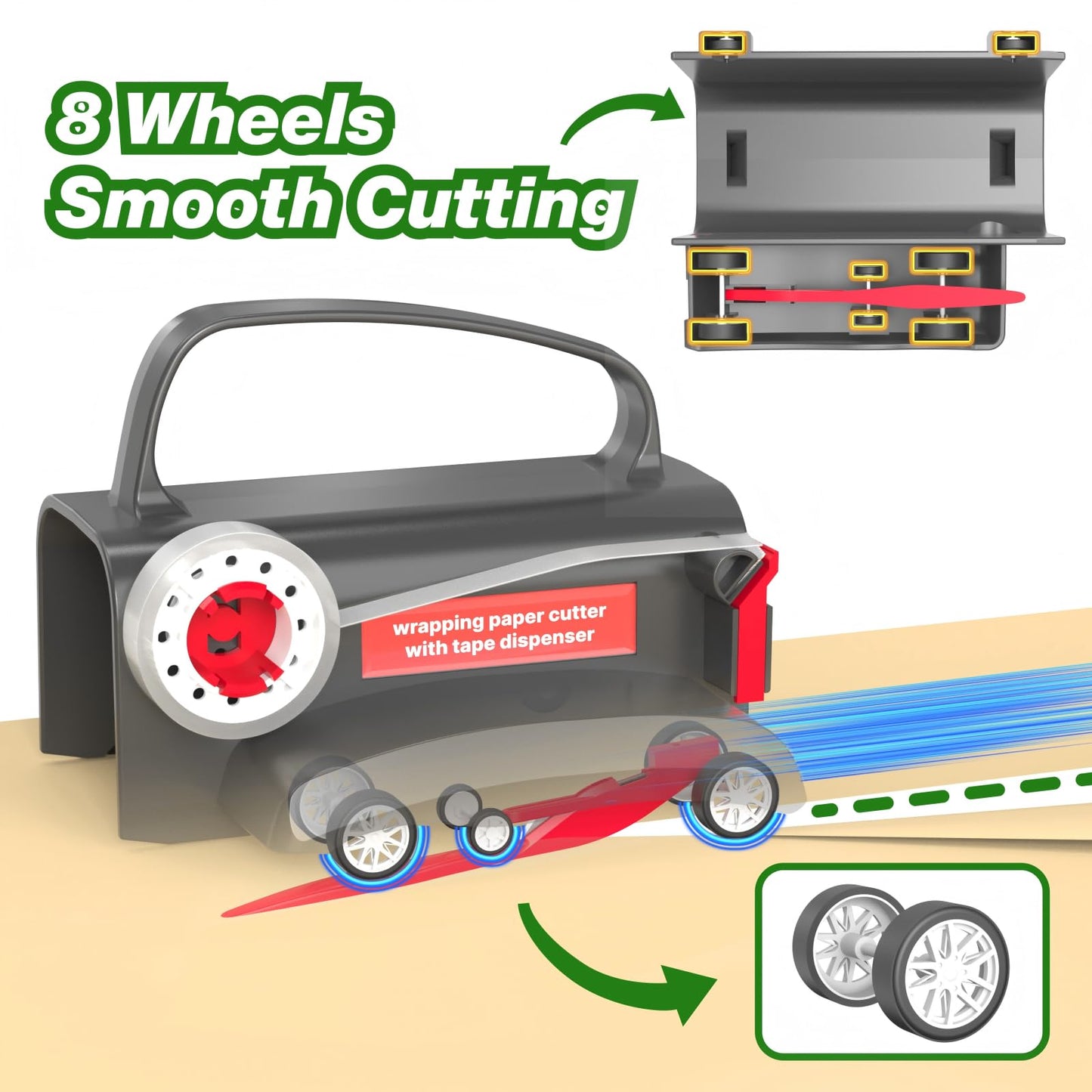 Wraprocut (2-Pack) Wheel Wrapping Paper Cutter & Tape Dispenser with 4 Tapes，2 Replace Blades Kit for Christmas Gift Wrap Cutter Tool Paper Roll Holder Tube Sliding Slicing for Birthday Holiday.