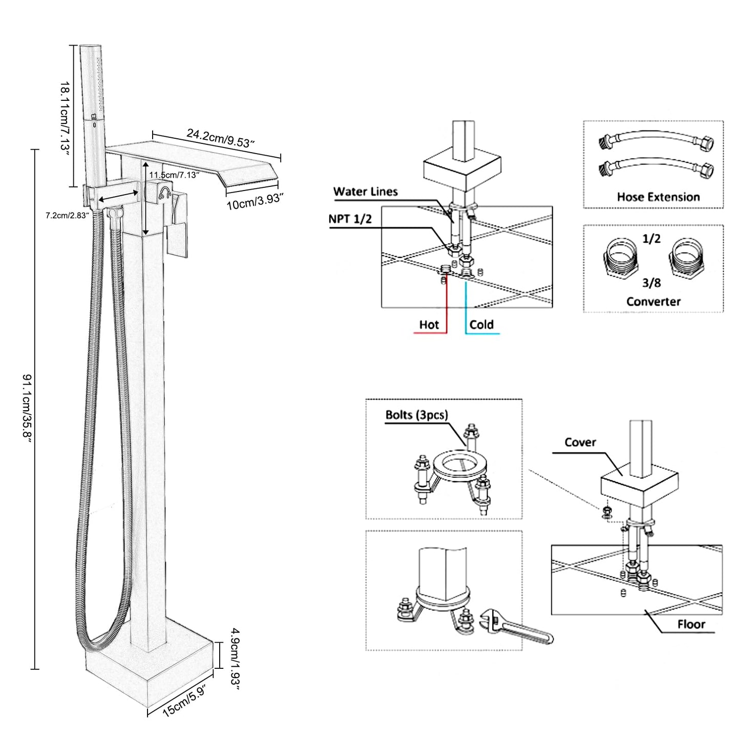 Kroias Matte Black Freestanding Waterfall Bathtub Faucet High Flow Standing Tub Filler Floor Mount Brass Stand Bathtub Filler Single Handle Bathroom Floor Mounted Tub Faucets with Handheld Shower