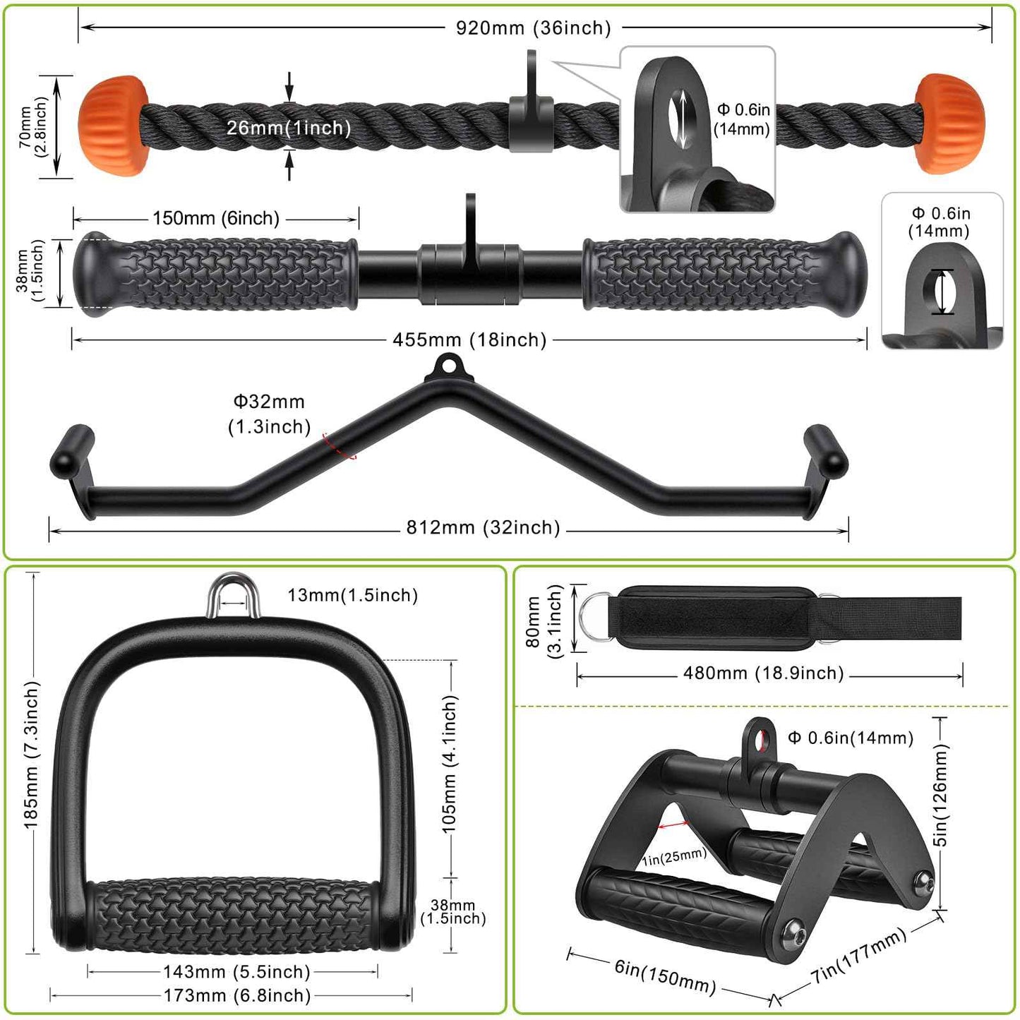 SELEWARE Cable Machine Attachment - Heavy Duty Home Gym Accessories Including 36" Tricep Rope, 32" LAT Pulldown Bars, 18" LAT Pulldown Straight Bar, Ankle Strap, 2 D Handles, and Double D Handle