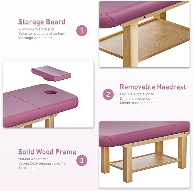 28in Wide Massage Table with 1500lbs Weight Capacity, Wooden Base, Massage Bed Adjustable Backrest for Professional & Home Use, Spa Treatment Table for Relaxation and Therapy，Red