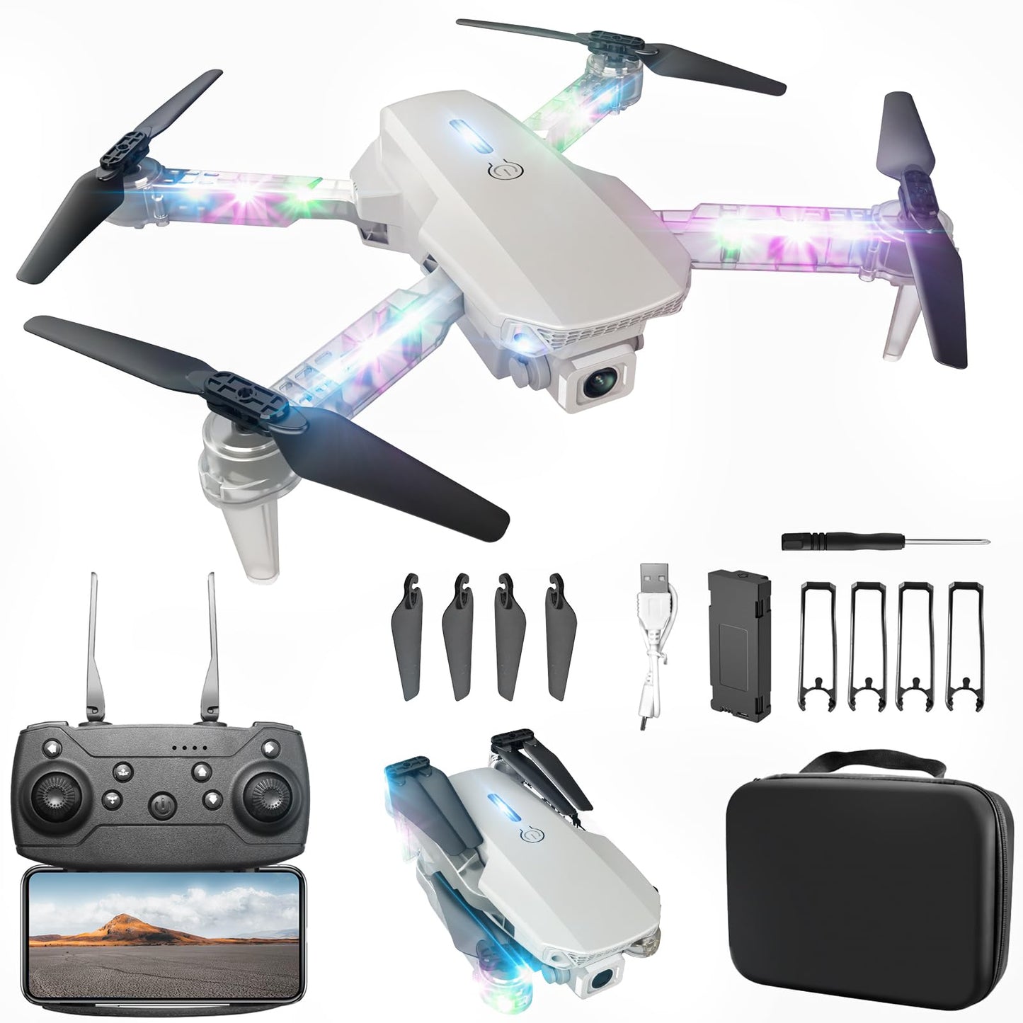 Drone with Camera 1080P HD - Foldable FPV Mini Drones with LED Lights for Adults Kids and Beginners, Toys Gifts RC Quadcopter with One Key Take Off, 3D Flips for Boys Girls with 2 Batteries, White
