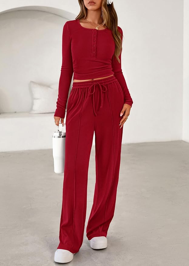 PRETTYGARDEN Women's 2026 Fall Trendy 2 Piece Outfits Lounge Sets Long Sleeve Top Henley Shirts Wide Leg Pants Travel Clothes