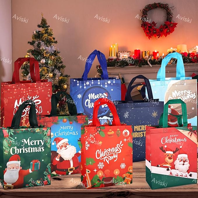 8PCS Christmas Tote Treat Non-Woven Gift Bags with Handles for Gifts Wrapping Shopping, Xmas Party Supplies