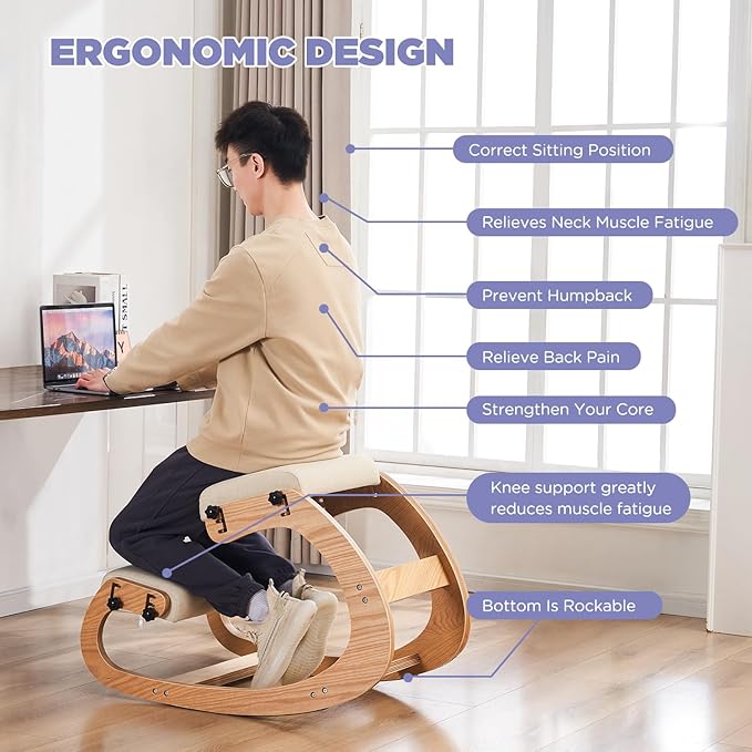 MoomJiee Ergonomic Kneeling Chair, Adjustable Rocking Knee Chairs for Home Office, Wooden Office Knee Chair for Back Pain Relief, Beige