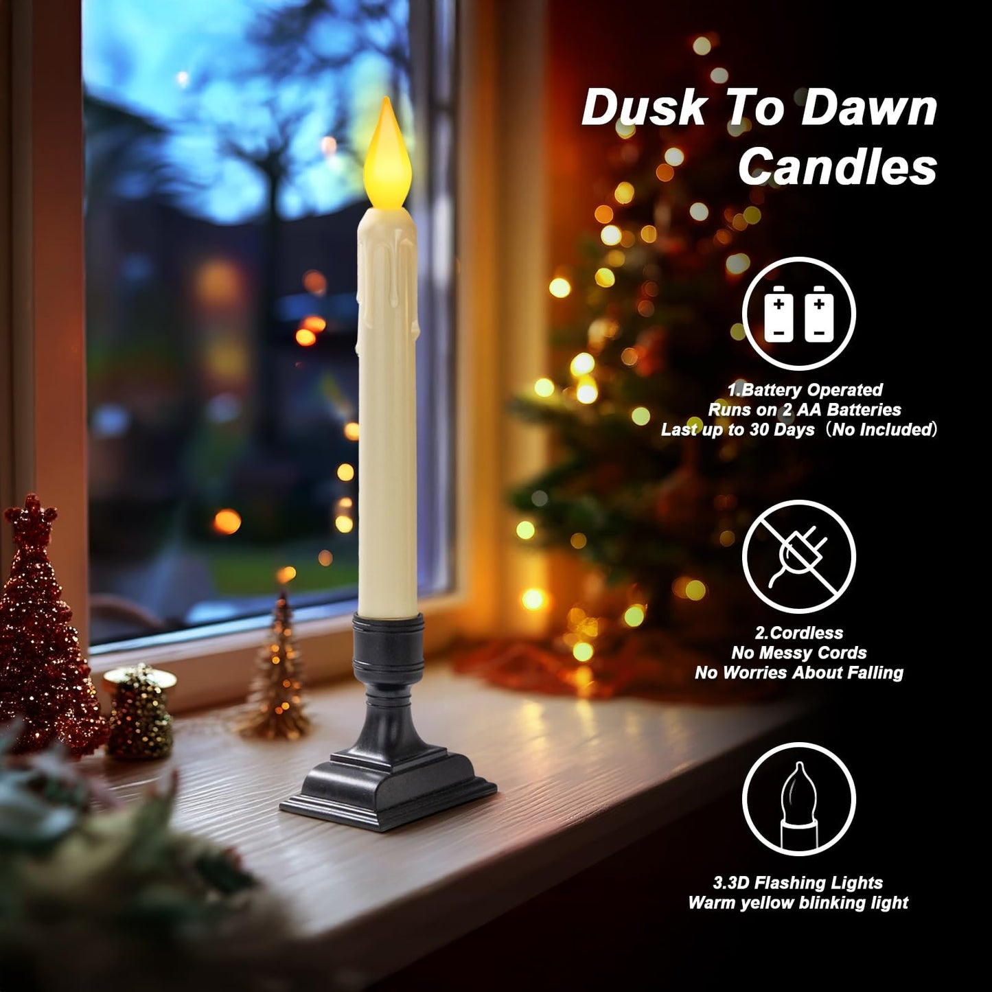 Meigic 6 Pcs Sensor Dawn to Dusk Window Candles, Flickering Battery Candles for Windows, Ultra Bright Fake Candle Lights with Black Holders, Led Candlesticks for Xmas Home Decor, Warm Yellow Light