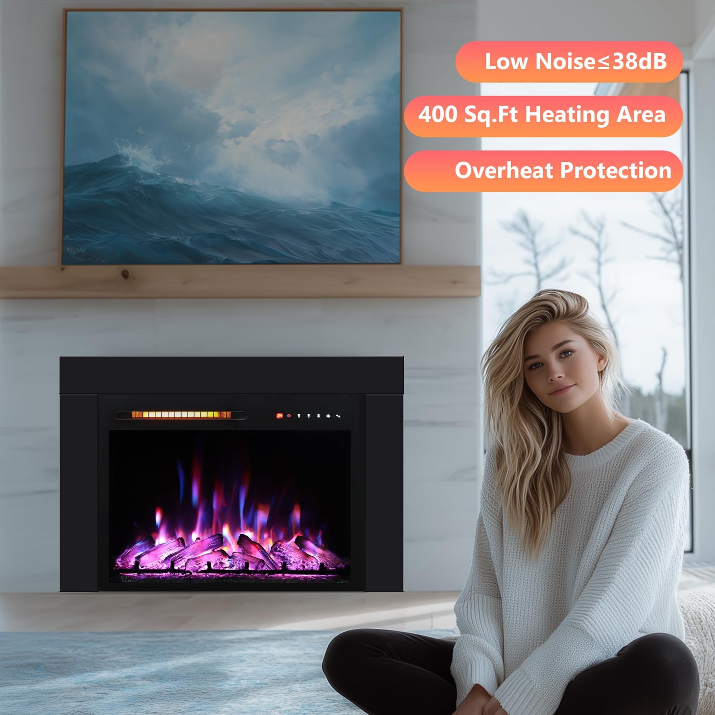 Oxhark Flame 28 Inches Electric Fireplace Insert with Trim Kit, Wall Mounted & Recessed Electric Fireplace Inserts with 8 Flame Colors, Remote Control, 6 Levels Brightness, 9H Timer, Black, 1500W/750W